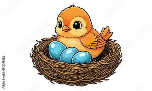 Orange Cartoon Chick Sitting in Nest with Shiny Blue Eggs