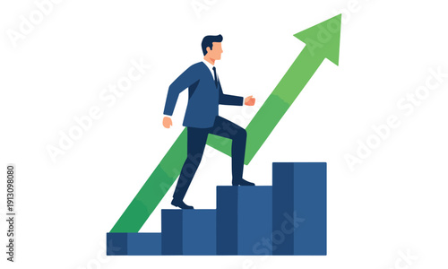 Businessman Climbing Business Growth Chart Steps Vector Illustration