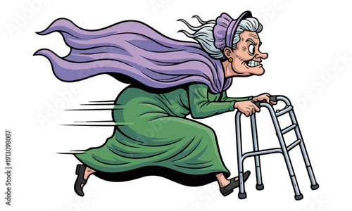 Fast Old Woman Running with Walker, Comic Style Vector Art