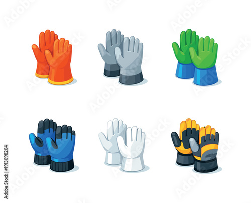Specialized safety gloves. Isometric flat vector icons set of specialized safety gloves: electrical insulated gloves, anti-static gloves,