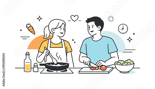 Everyday relationship moment. A couple cooking with simple utensils, exchanging glances and conversation, calm and comfortable. Abstract