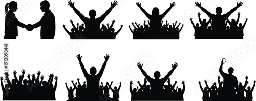 WebBlack Silhouette Vector Illustrations Set Featuring Business People Handshaking Success Celebration Cheering Crowds Music Concert Fans Applauding and Audience Raising Ha
