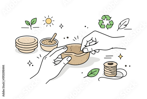 Inspirational design with ecology materials trend. Hands carefully shaping biodegradable materials into a simple design object. The mood is