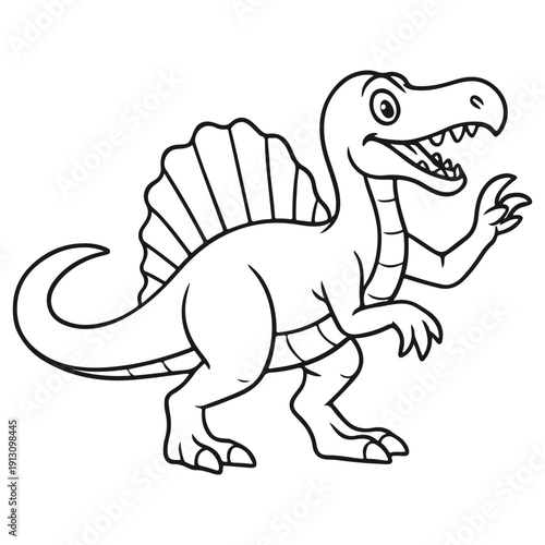 A clean black and white line art illustration of a friendly Spinosaurus with its iconic sail. This cartoon prehistoric predator is perfect for kids' coloring books, stickers, and school projects.