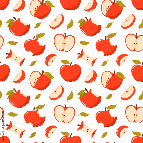 Seamless pattern with red apples of different shapes and slices.