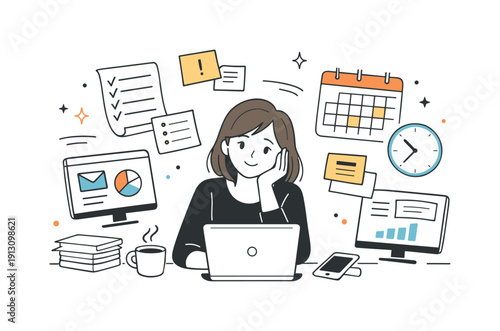    High functioning exhaustion. Person smiling slightly while surrounded by to-do lists, screens, and calendar icons. Appearance of control but