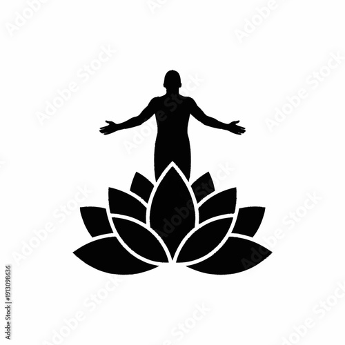 Human figure with open arms standing on a lotus flower.