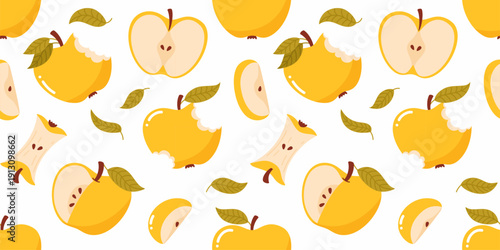 Seamless pattern with yellow apples of different shapes and slices.