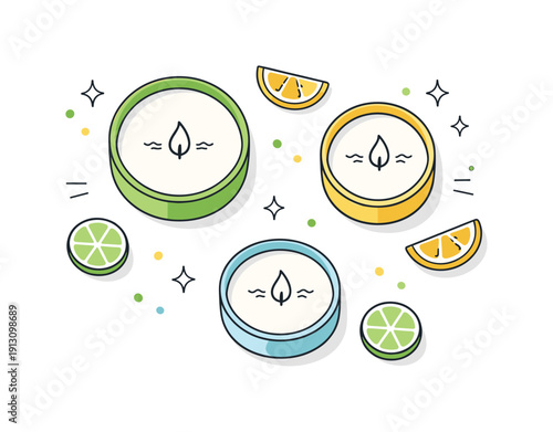 Citronella candle flat lay. Top view of candles with small citrus slices and minimal decorative dots. Fresh outdoor atmosphere, clean and