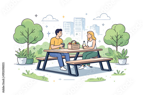 Urban Picnic Design. Urban picnic bench. A modern picnic bench placed in a city park or courtyard, blending nature and urban life. Clean lines and minimal
