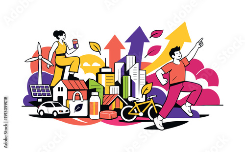   Future of sustainable design. Abstract city and products built from eco materials, growth