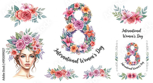 Watercolor Floral International Women’s Day Set with Number 8 and Woman Portrait