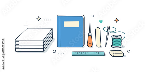 Crafting a handmade book. A stack of pages, a book cover, and simple tools neatly arranged on a table. The illustration suggests preparation,