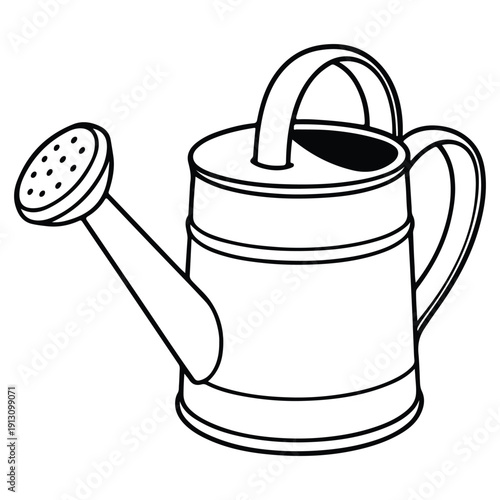 A minimalist black and white line art vector of a plastic or metal bucket filled with water. Featuring a sturdy handle, this clean graphic is perfect for cleaning and gardening themes.