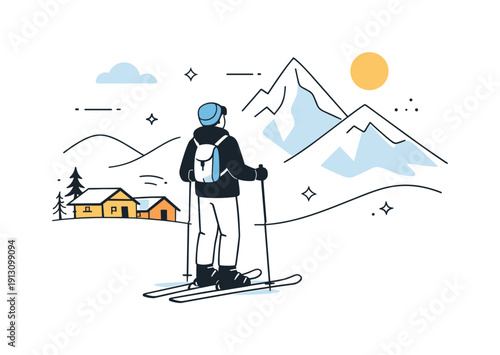 Ski resort lifestyle. Skier standing with poles enjoying mountain view, quiet pause and fresh air. Simple chalets, peaks, and abstract shapes