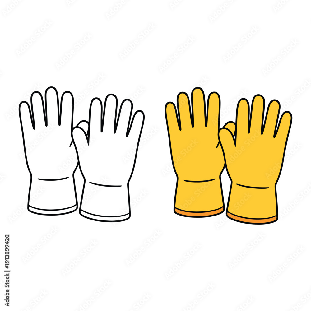 Fototapeta premium A vector illustration featuring two pairs of protective work gloves. One set is a clean line art outline, and the other is colored in a vibrant safety yellow. Ideal for construction or DIY themes.