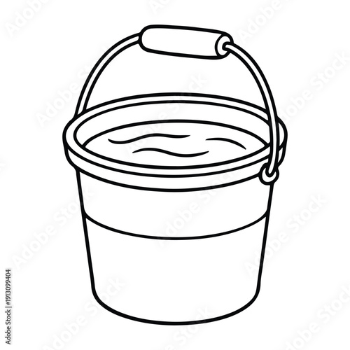 A clean black and white vector outline of a plastic or metal bucket filled with water. Ideal for cleaning, gardening, construction, or household chore concepts. Simple coloring book style.