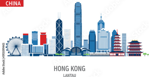WebBlue and Red Hong Kong China City Skyline Vector Illustration Featuring Victoria Harbour Skyscrapers Pagoda Ferris Wheel and Iconic Landmarks for Asian Tourism Design