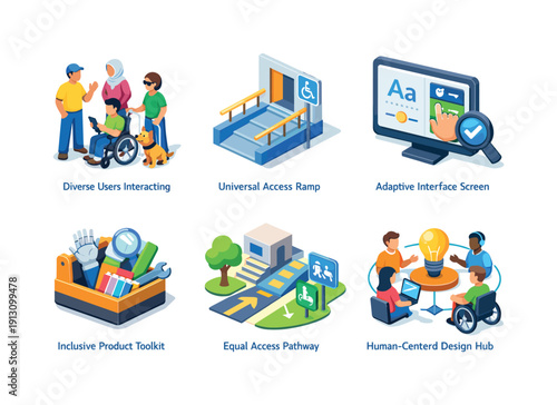    Inclusive design concepts. Isometric flat vector icons set of inclusive design concepts: diverse users interacting, universal access ramp,
