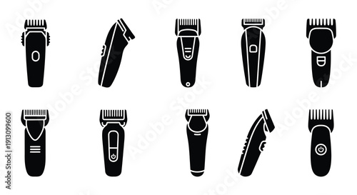 Collection of black silhouette grooming clippers and trimmers displayed in rows