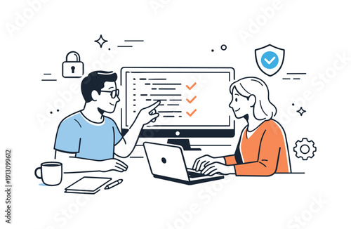 Secure software development practices. Developers reviewing code together on a screen, focusing calmly on quality and safety. Clean tech