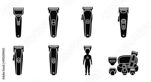 Collection of black silhouette grooming clippers and trimmers displayed in rows