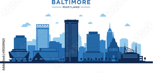 WebBlue Monochrome Baltimore Maryland City Skyline Vector Illustration Featuring Bromo Seltzer Arts Tower and Inner Harbor Landmarks for United States Travel and Tourism Design