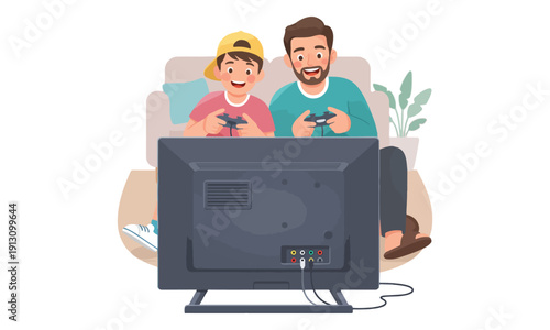 Father and Son Playing Video Games on TV Screen at Home