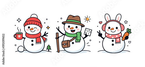 Creative snowman decorations. Adding accessories and expressions to snowmen, playful creativity and focus. Scarves, hats, sticks, and gentle