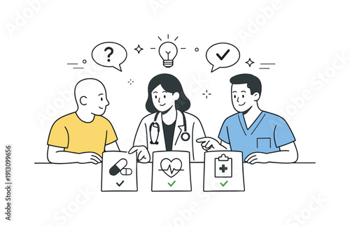 Shared decision-making in healthcare. Patient and care team collaboratively reviewing options shown as simple cards and icons. Balanced,
