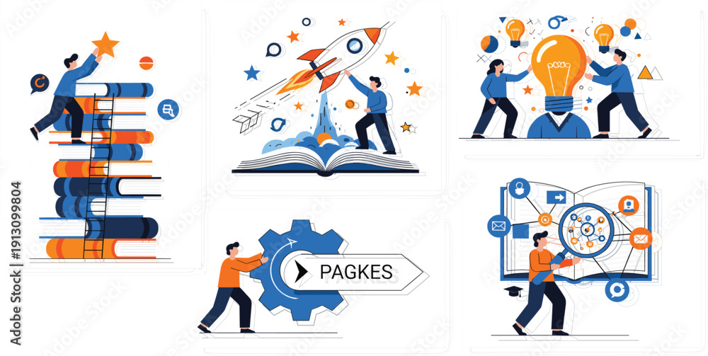 Fototapeta premium Modern Flat Illustration Set of Education, Learning, Innovation, Startup, Knowledge Growth, Teamwork, and Creative Business Concept Scenes for Web and Apps