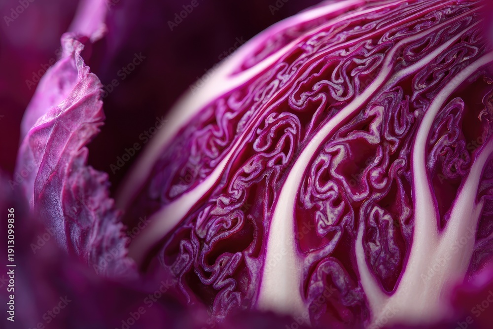 Obraz premium Macro view of vibrant purple cabbage layers, showcasing intricate organic patterns