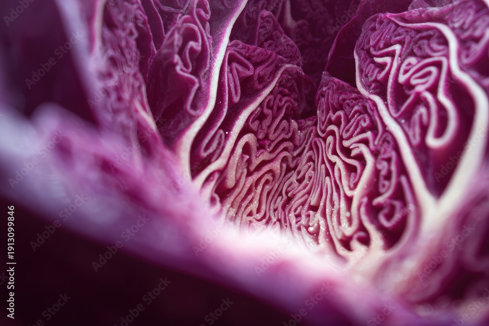 Obraz premium Close-up macro view of vibrant purple cabbage leaf veins