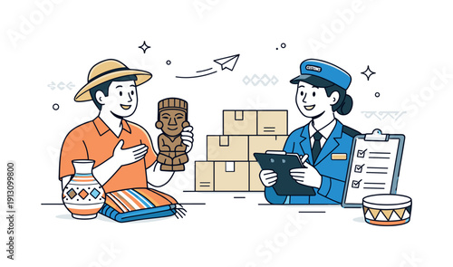 Customs Interaction Scene. Customs control of traditional goods. Friendly interaction between exporter and customs officer while inspecting cultural items,