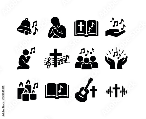 Faith Music Icons. Faith Music Icons. Solid icon set of Faith Music Icons: church bell with notes, reverent singing pose, holy lyrics book, melody in worship,