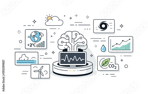 AI climate forecasting. Abstract AI system processing climate data with screens and symbols floating around. Calm futuristic mood, clarity