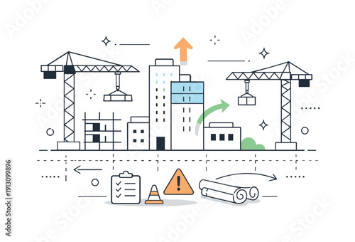 Harmonious Construction Design. Construction site layouts. An abstract composition of cranes, buildings, grids, and arrows arranged harmoniously, representing