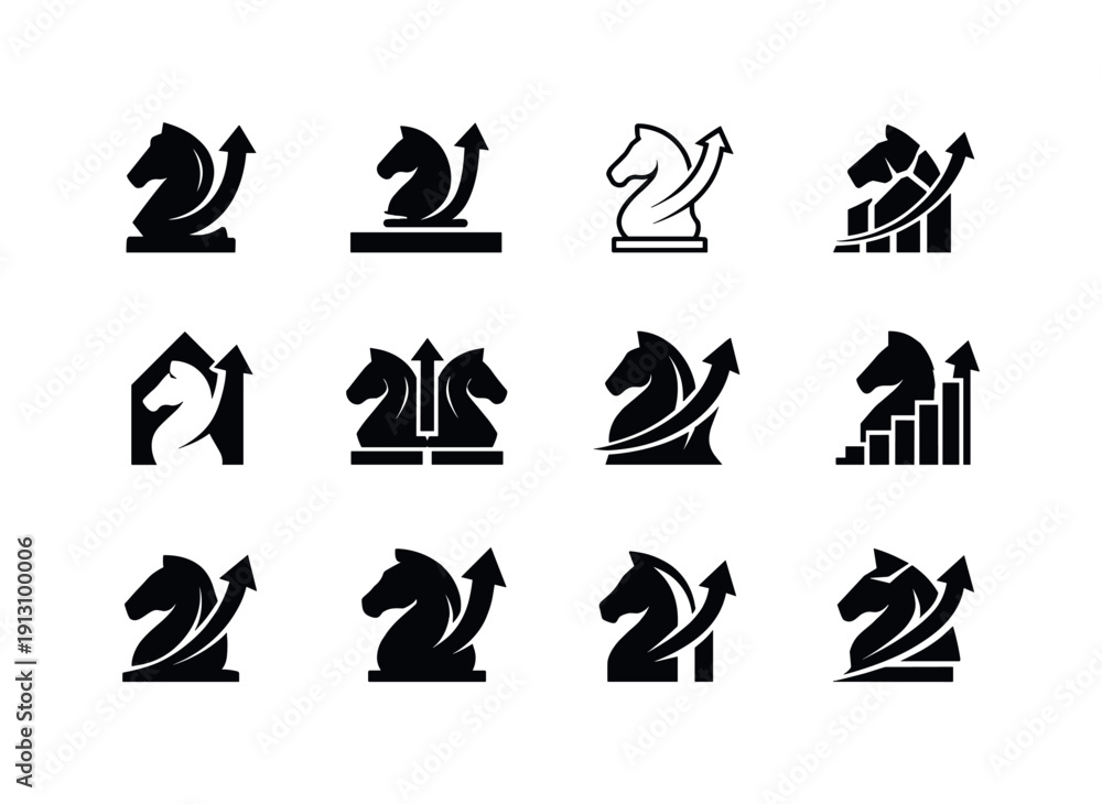 Obraz premium Business strategies for scaling operations. Icon set. Set Logo of business strategies for scaling operations: strategic chess piece growth.