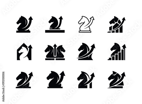 Business strategies for scaling operations. Icon set. Set Logo of business strategies for scaling operations: strategic chess piece growth.