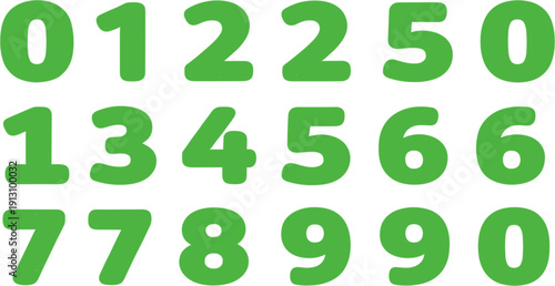 Green Rounded Number Set Illustration with Bold Digits Zero to Nine for Education Math Learning Typography and UI Design Projects