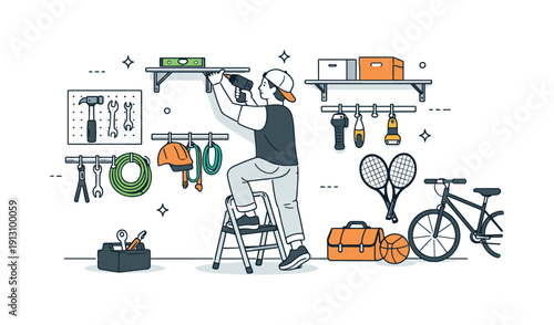 Optimizing garage storage. Person installing wall-mounted shelves and hooks for tools and equipment. Focused DIY moment showing smart space