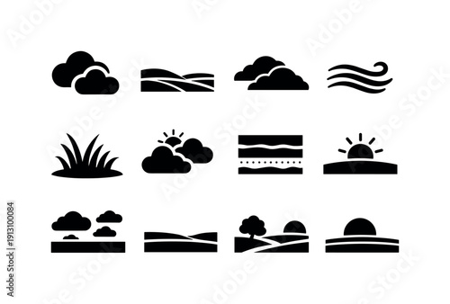 Open Field Weather. Solid icon set of Open Field Weather: cloudy weather icon, field expanse, low clouds, wind lines, grass texture, sky