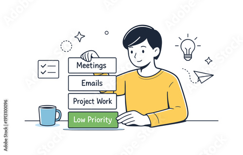 Arranging Task Cards. Prioritizing daily tasks. Simple character arranging cards labeled with tasks from most important to least important. Calm productivity