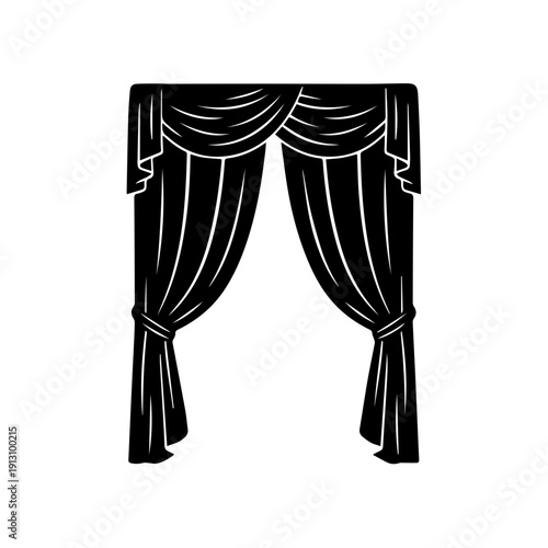 Elegant black and white theater curtain design with draped folds and symmetrical pattern