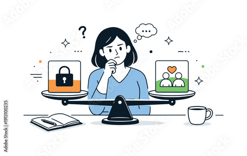 Weighing the risk of disclosure. A thoughtful editorial scene where a professional compares privacy and support icons on two balanced cards.