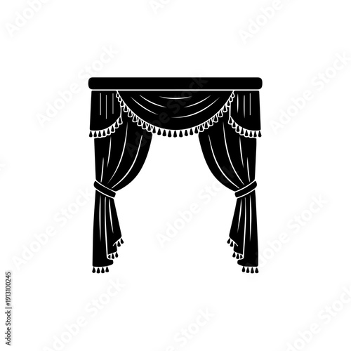 Elegant black theater-style curtain with decorative fringe and bead details