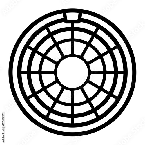 A black and white circular design resembling a traditional colander or strainer pattern