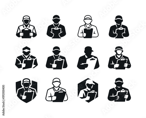 coach with clipboard. Icon set. Set Logo of coach with clipboard: professional coach icon with board. harmonious logo variations of the same