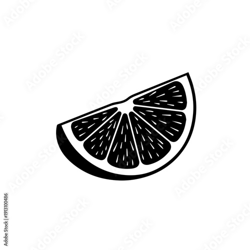 Minimalist black and white illustration of a sliced lemon wedge with visible pith and seeds