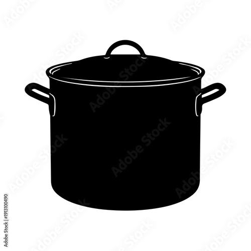 A heavy-duty black pot with a lid and handle for cooking purposes.